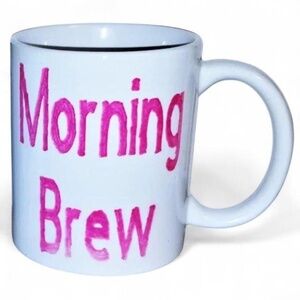 NWOT Morning Brew hot pink hand drawn typography white ceramic coffee mug. New